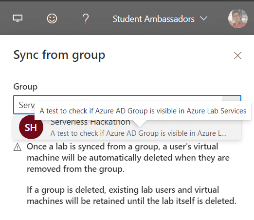 The created Azure AD Group displayed in Azure Lab Services dropdown menu to sync users.